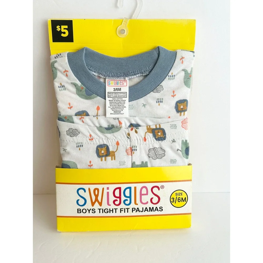 Swiggles Boys Tight Fit Pajamas 2 Piece Set Lion Elephant Print White Blue 3-6M